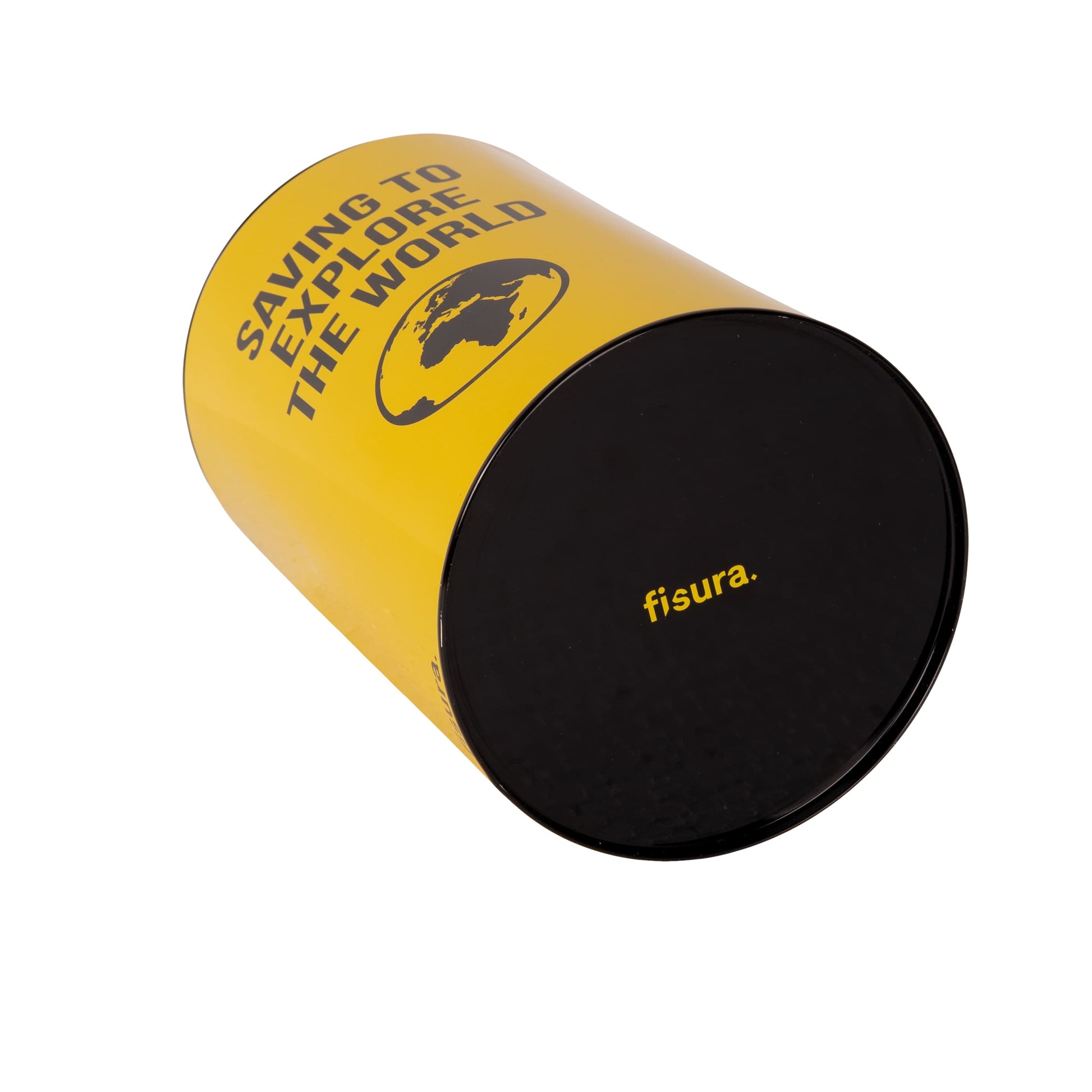 Yellow savings tin lying on its side showing the coin slot in the lid
