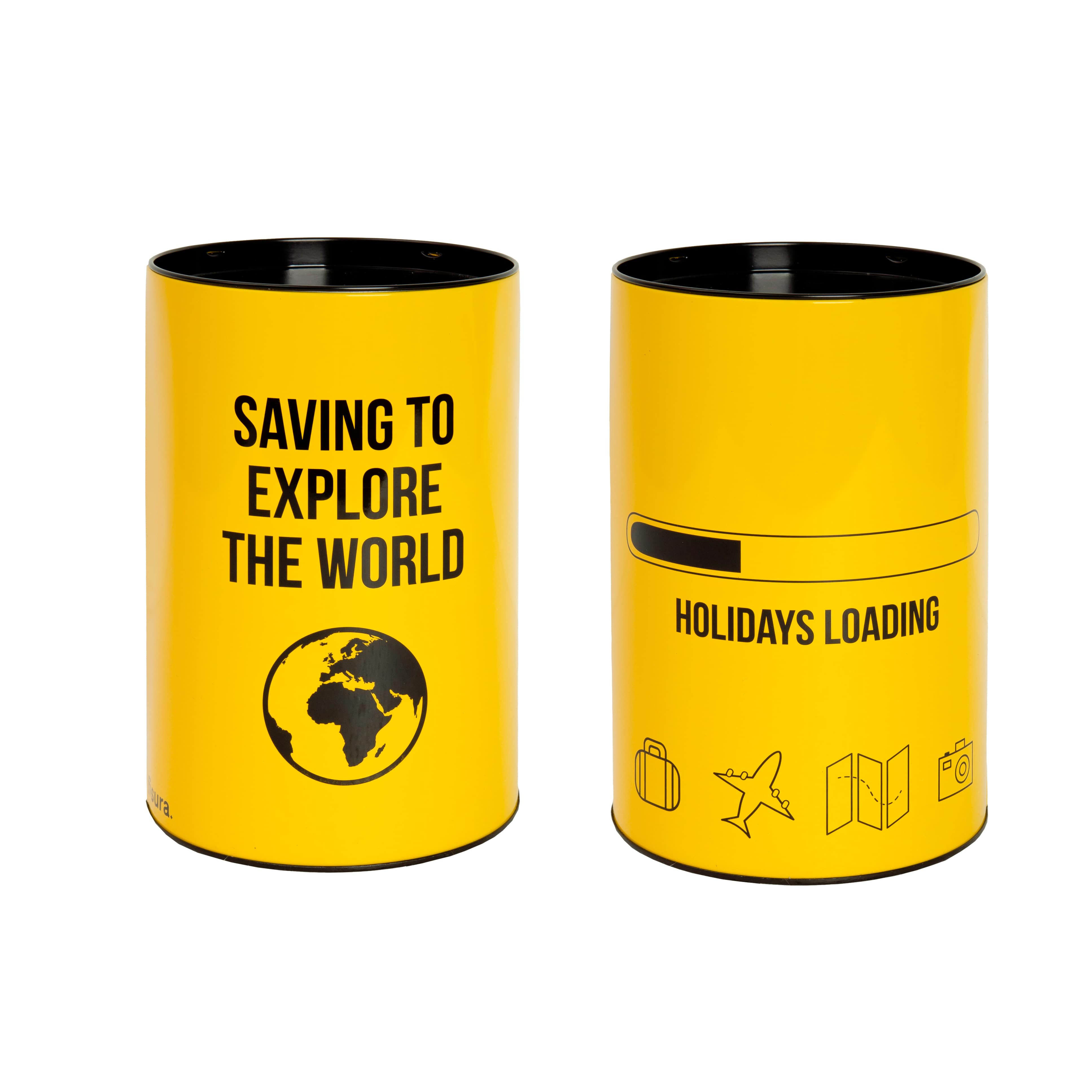 Two yellow travel money tins showing the front and back designs