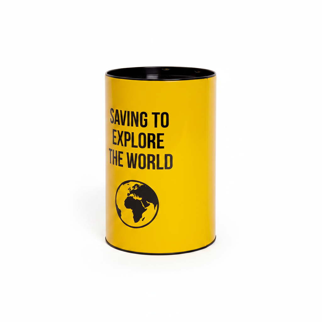 Tall yellow money tin printed with Saving To Explore The World and a globe