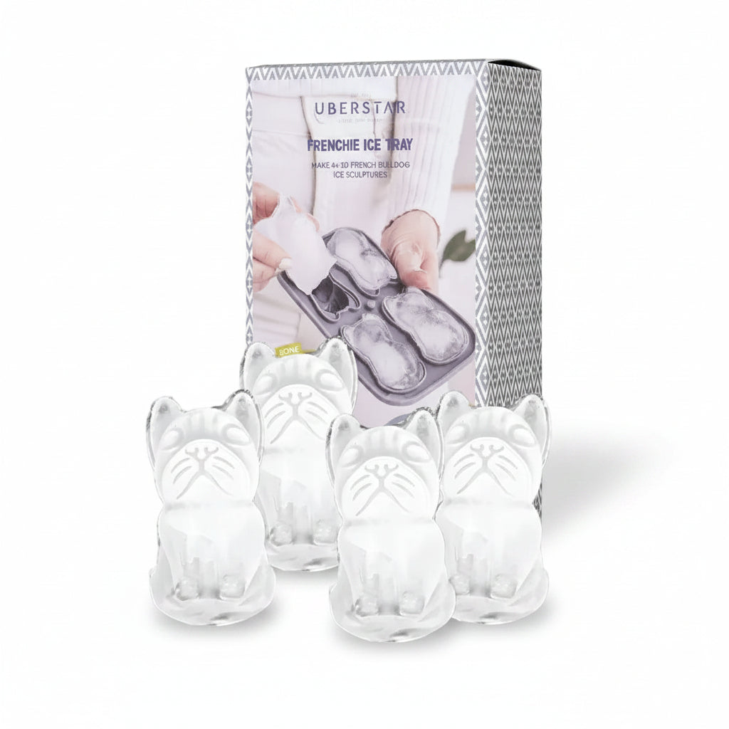 French bulldog ice cube tray with four 3D dog ice cubes
