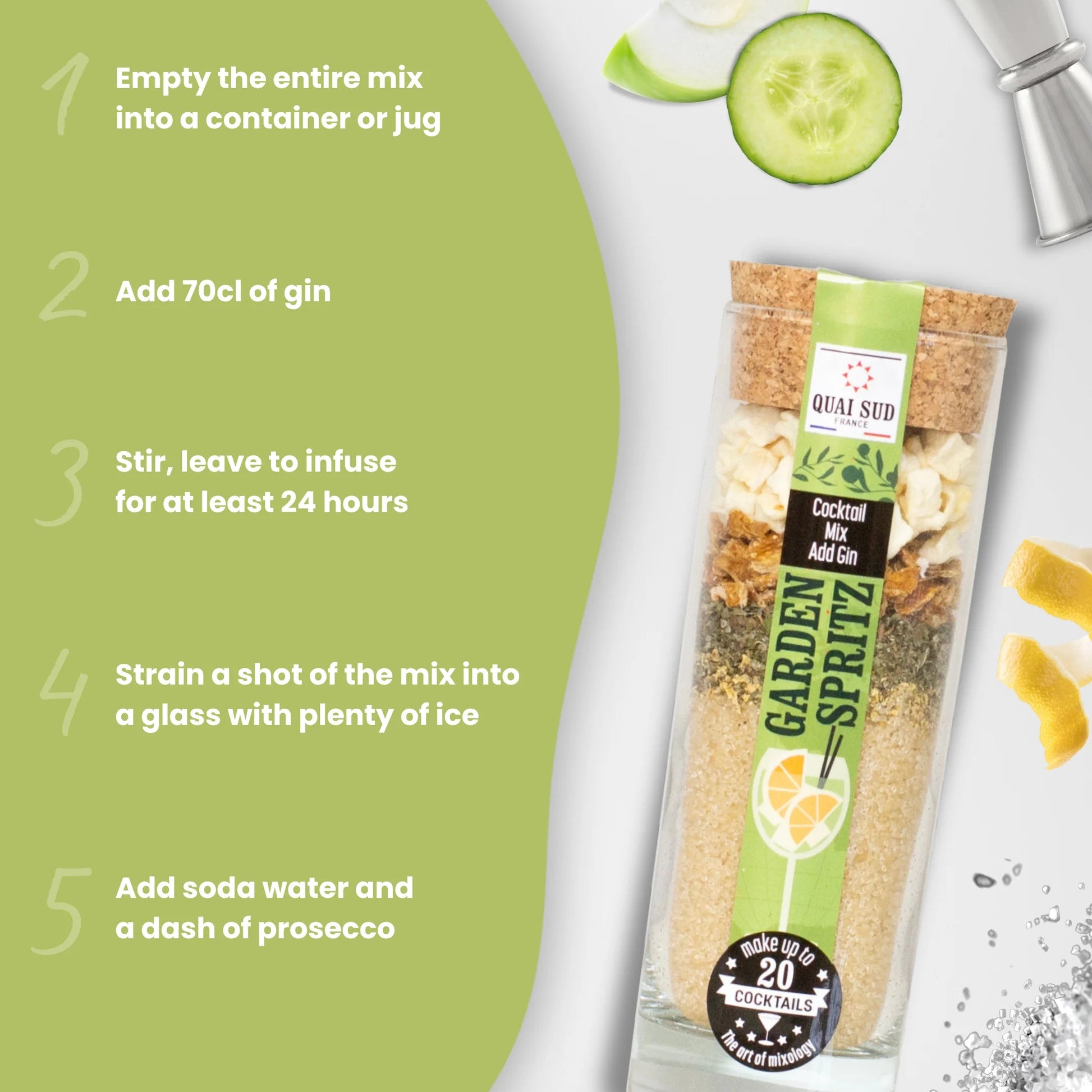 Garden Spritz Cocktail Mix with step-by-step cocktail instructions showing how to add gin, infuse for 24 hours, and serve with soda water and prosecco, surrounded by cucumber and apple slices.