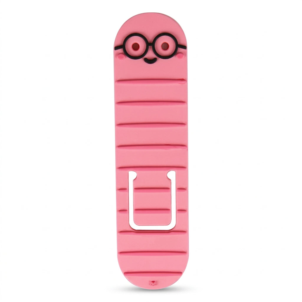 Pink bookworm reading light and bookmark on a white background