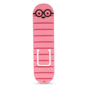 Pink bookworm reading light and bookmark on a white background