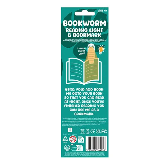 Back of the Bookworm Reading Light and Bookmark packaging
