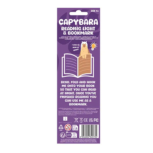 Back of the Capybara Reading Light and Bookmark packaging