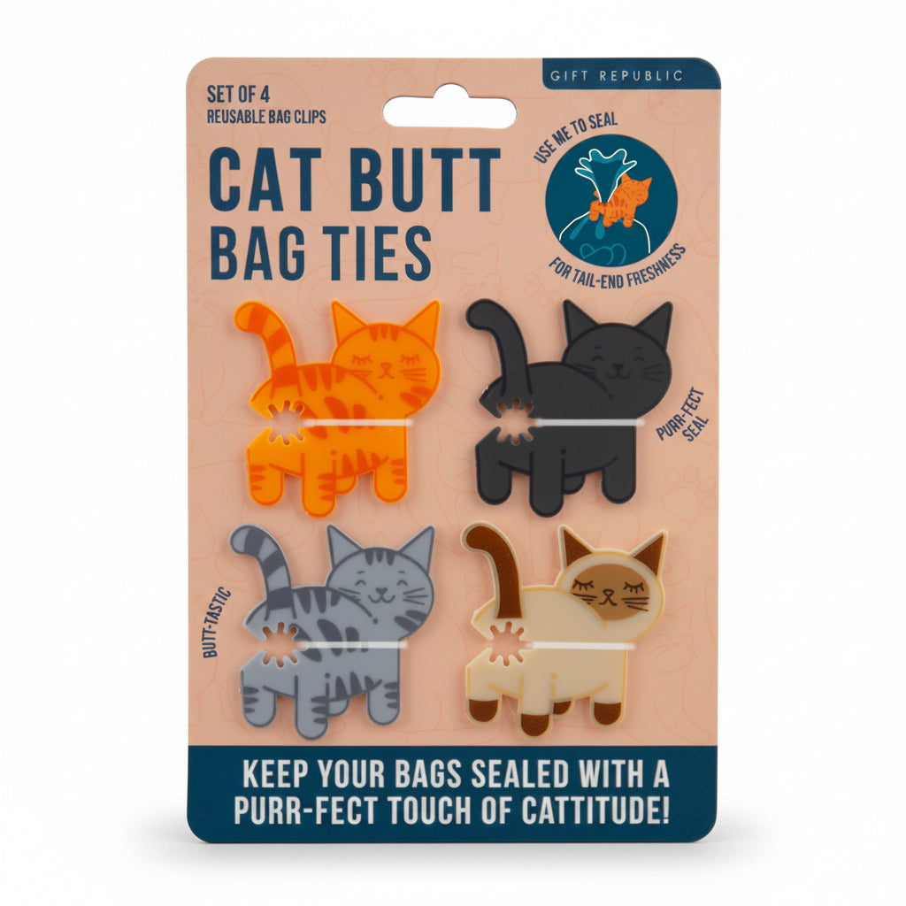 Cat Butt Bag Ties pack showing four cat-shaped reusable clips