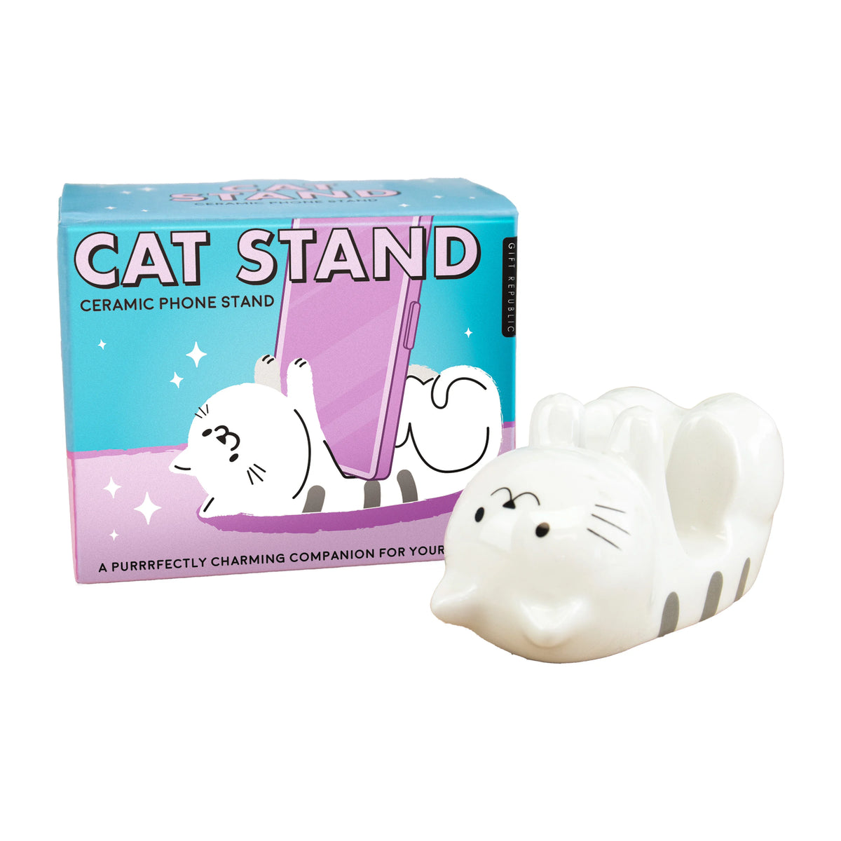 Cat Stand box and ceramic cat phone holder on a white background