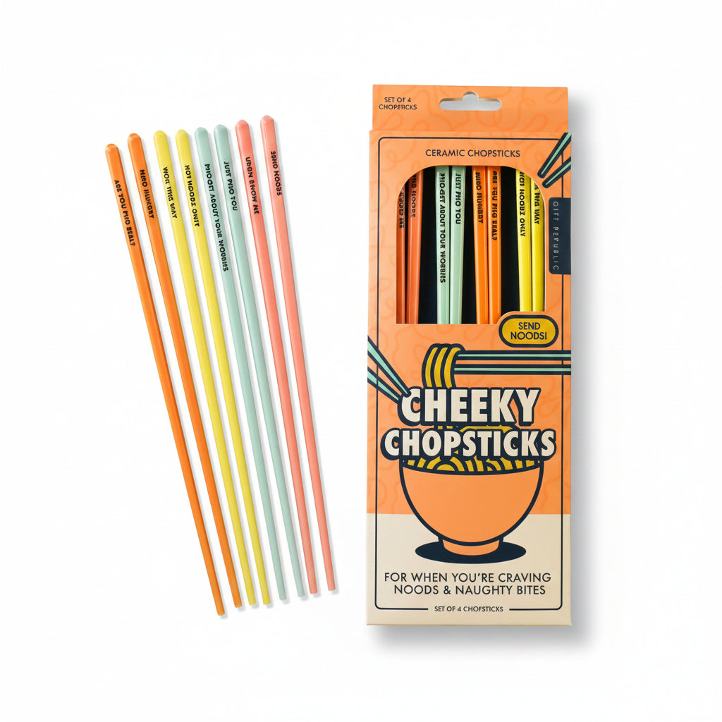 Cheeky Chopsticks pack with pastel ceramic chopsticks beside ramen
