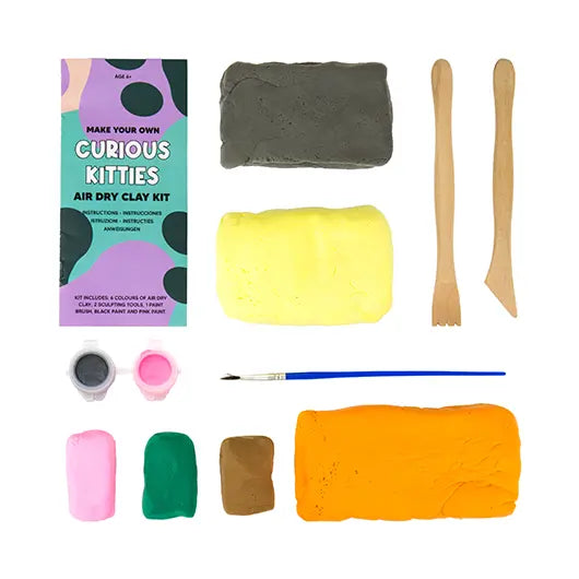 Curious Kitties kit contents with clay, tools and paints on white