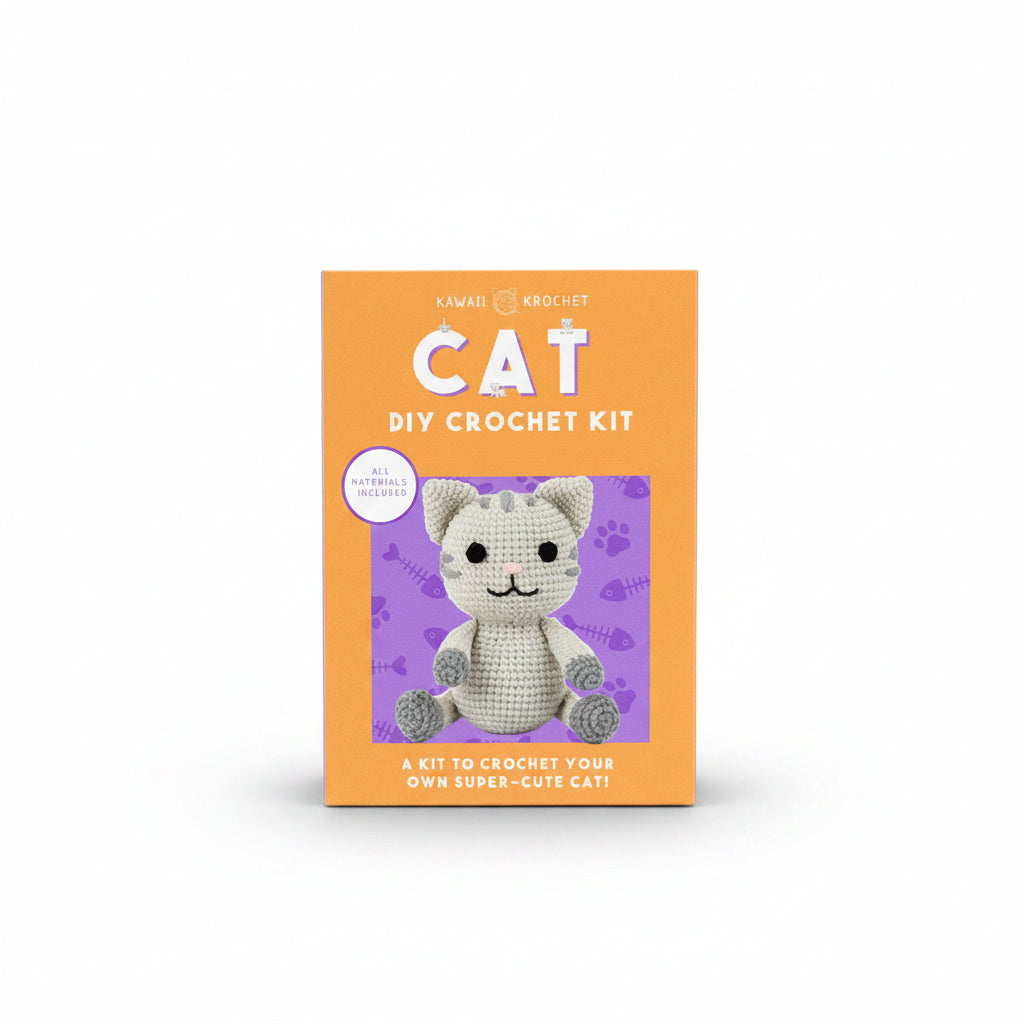 Cat DIY crochet kit packaging front with instructions