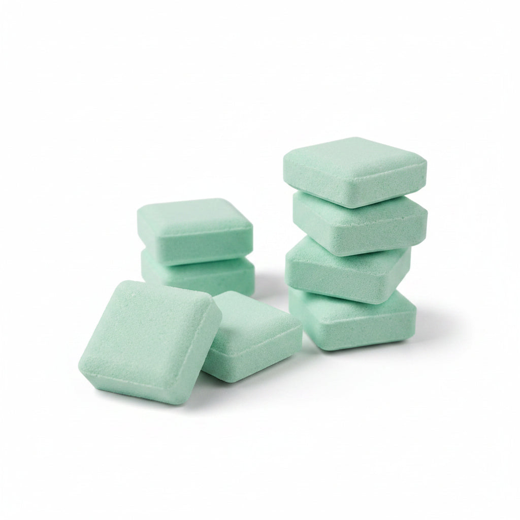 Mint green Hangover Cure shower steamer cubes piled on a marble surface
