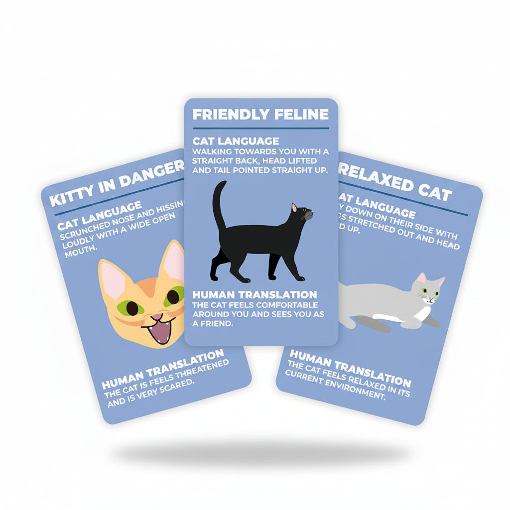How To Speak Cat sample cards showing friendly feline and relaxed cat translations