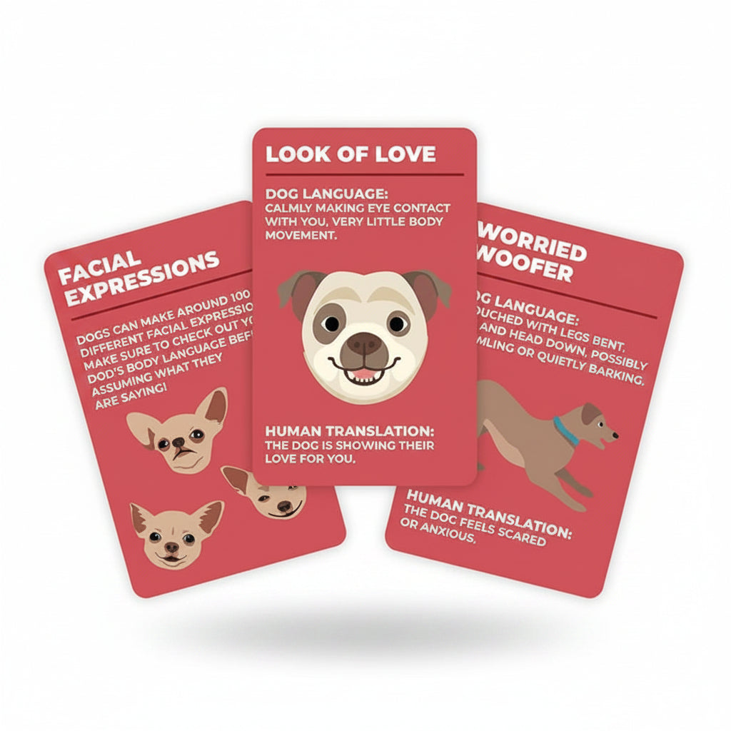 How To Speak Dog cards fanned out showing three behaviours on white