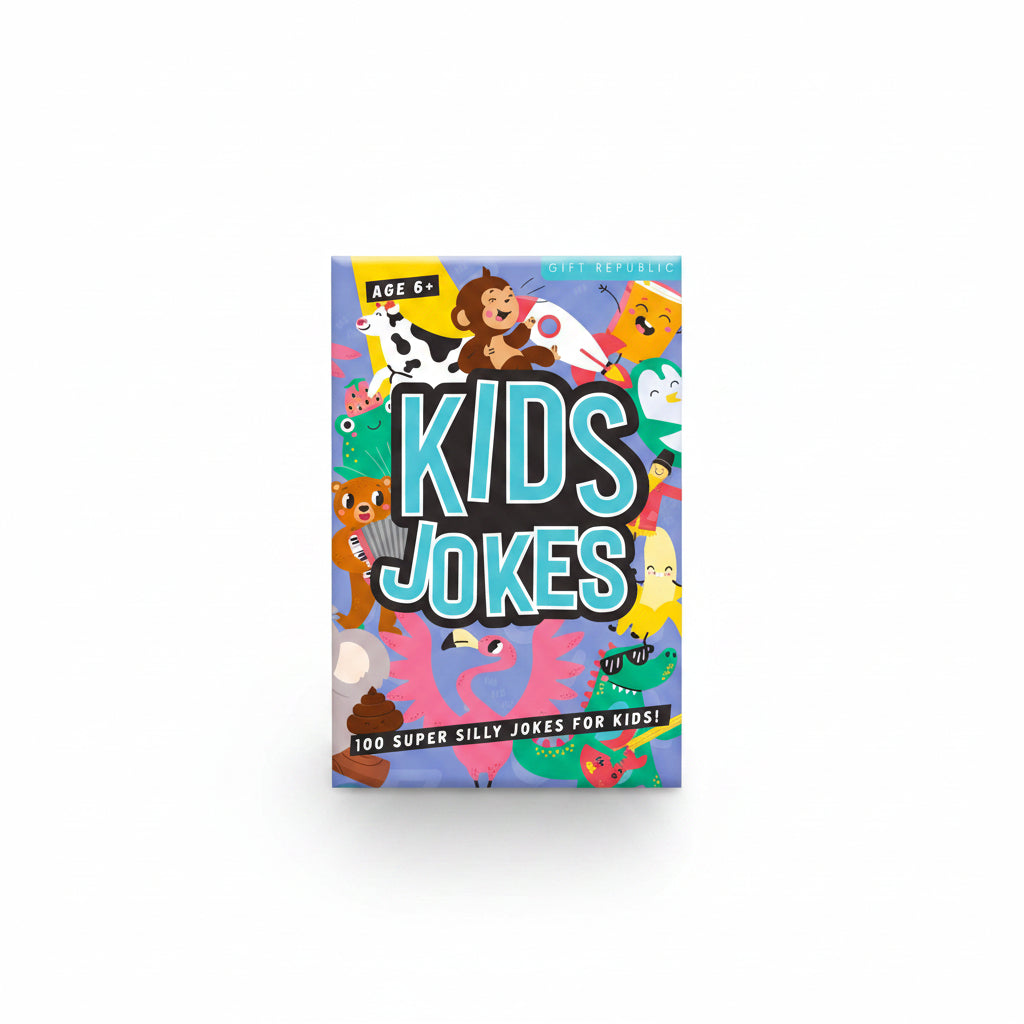 Kids jokes card pack with colourful joke cards on a wooden desk