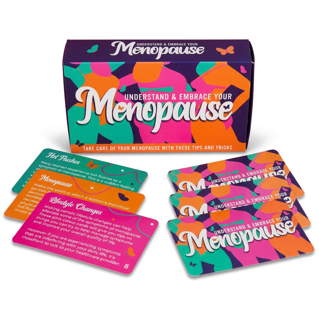 Menopause Cards box and tip cards on a pink background with flowers