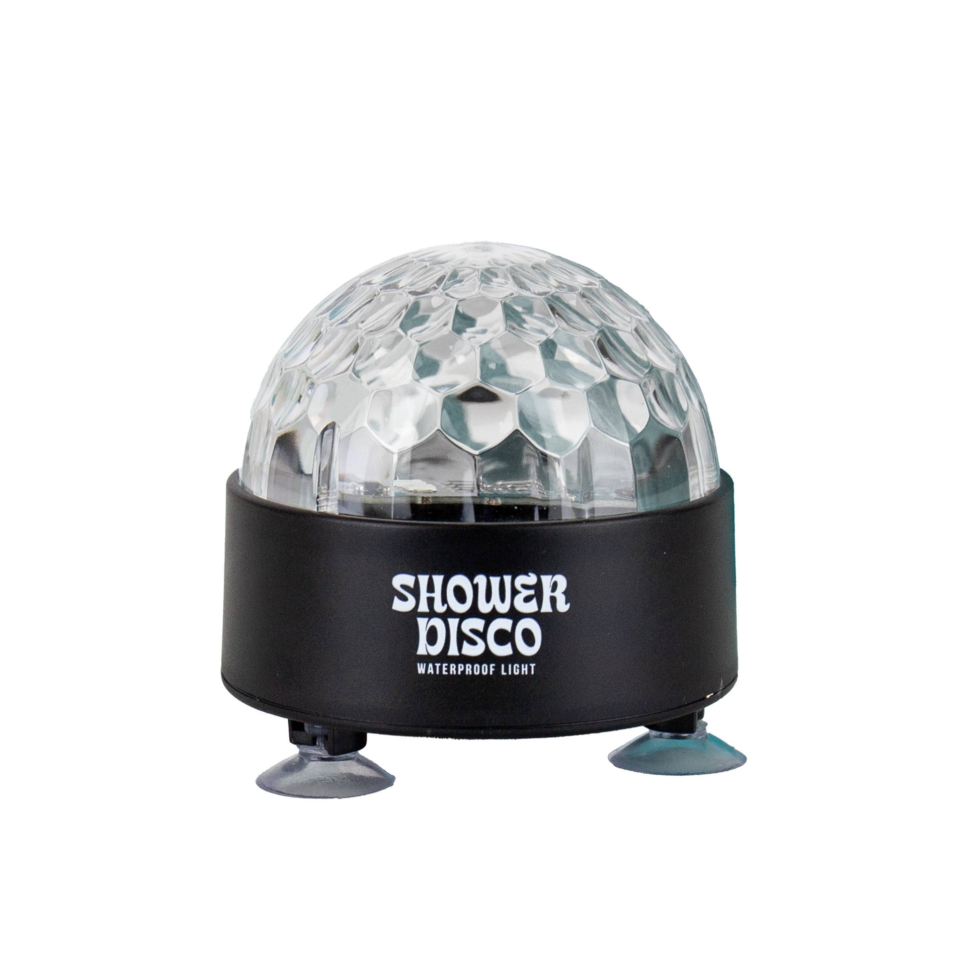 Shower Disco light with clear faceted dome and suction cup feet on white background