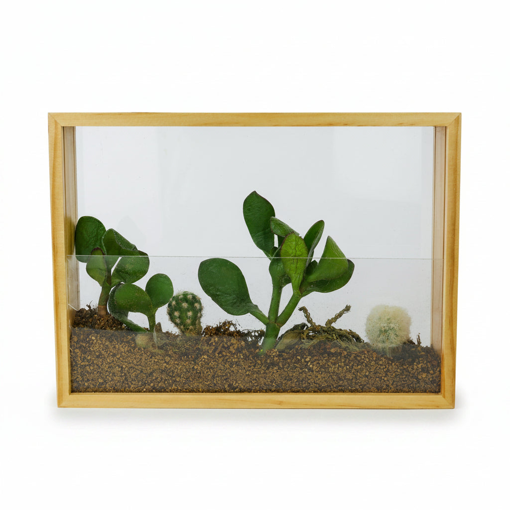 Vertical Garden wooden frame planted with succulents on white background