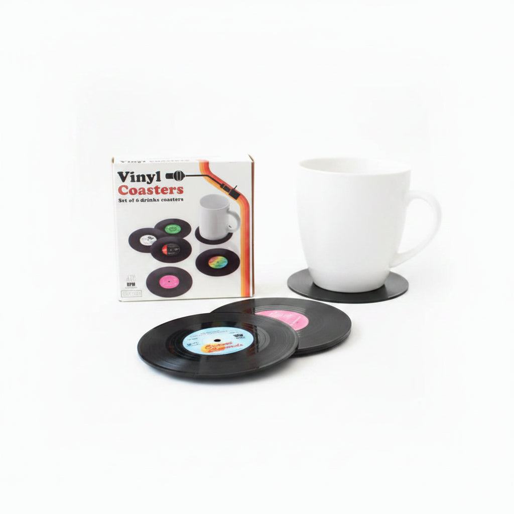 Gift Republic Vinyl Coasters box with record coasters and mug on slate