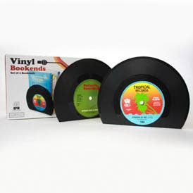 Vinyl record bookends pair with retro labels and box on white