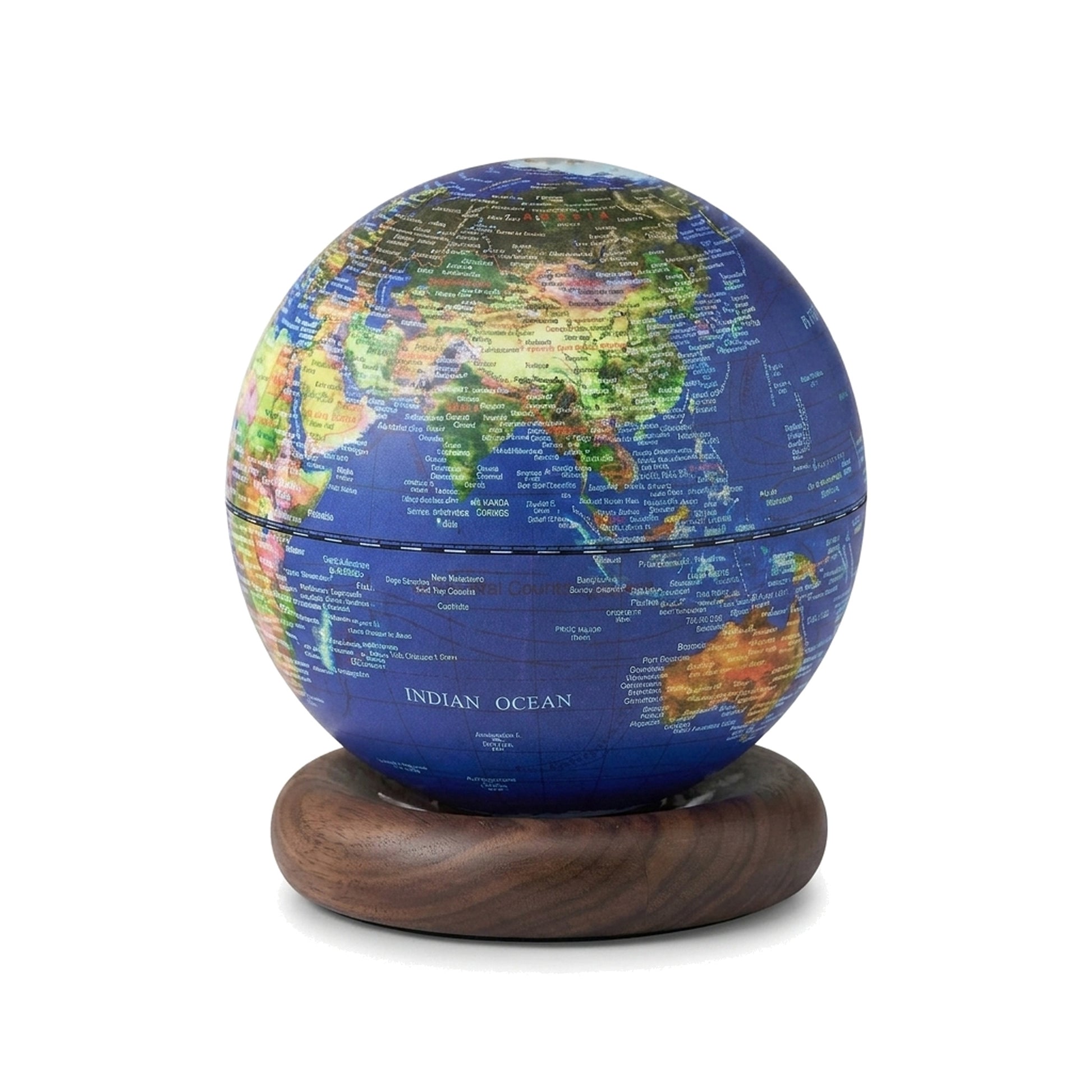 Dark ocean blue Gingko AtlasGlobe light on walnut base, pure white background