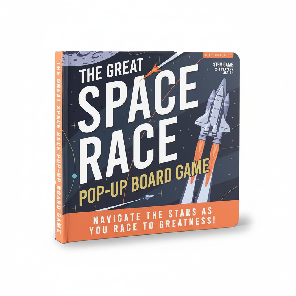 Great Space Race pop-up board game box on wooden table