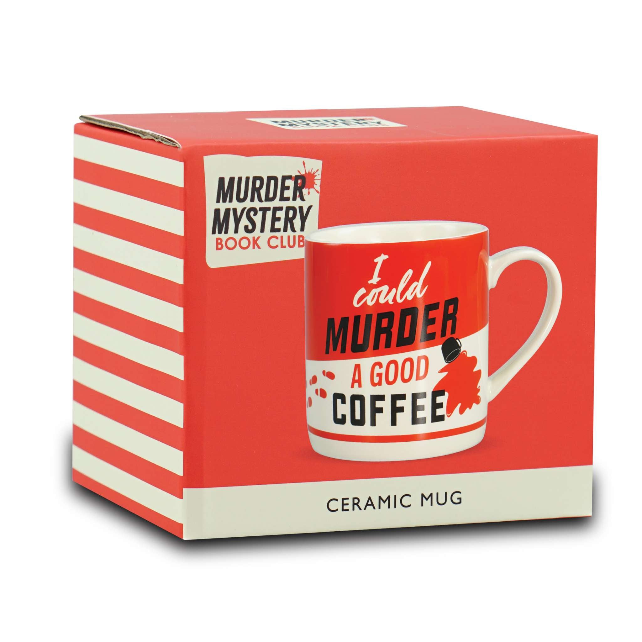 I Could Murder A Good Coffee mug shown with its striped gift box