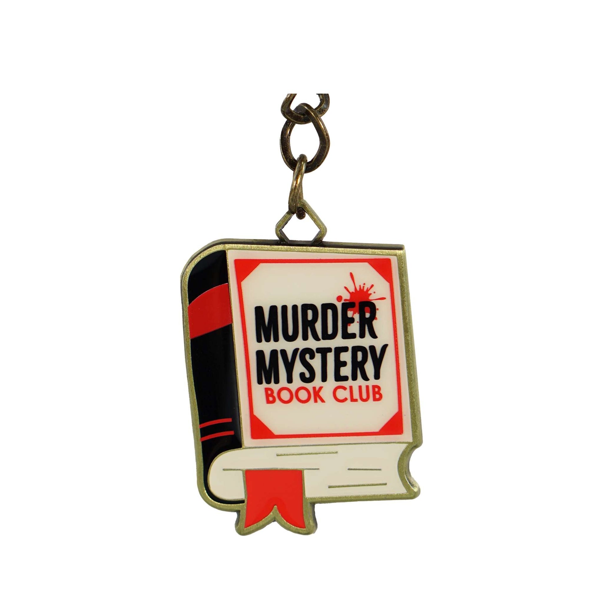Murder Mystery Book Club enamel keyring seen close up from the front