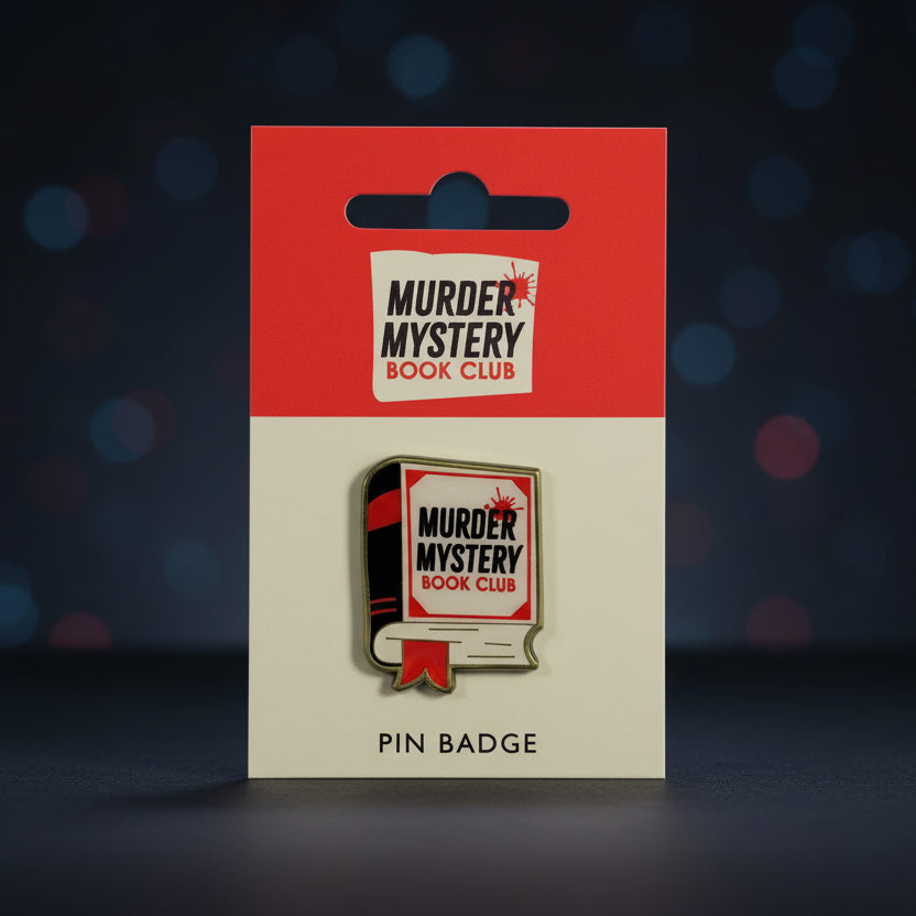 Murder Mystery Book Club pin badge on its branded backing card