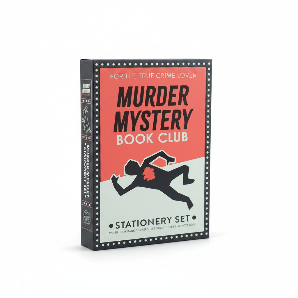 Red Murder Mystery Book Club stationery gift box with a chalk body outline
