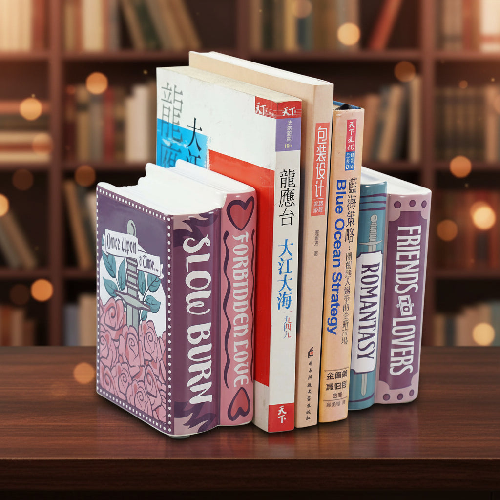 Pair of Romantasy book stack bookends shown on their own