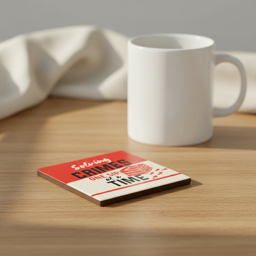 Red and beige sign with text 'Solving Crimes One Sip at a Time' on a white background