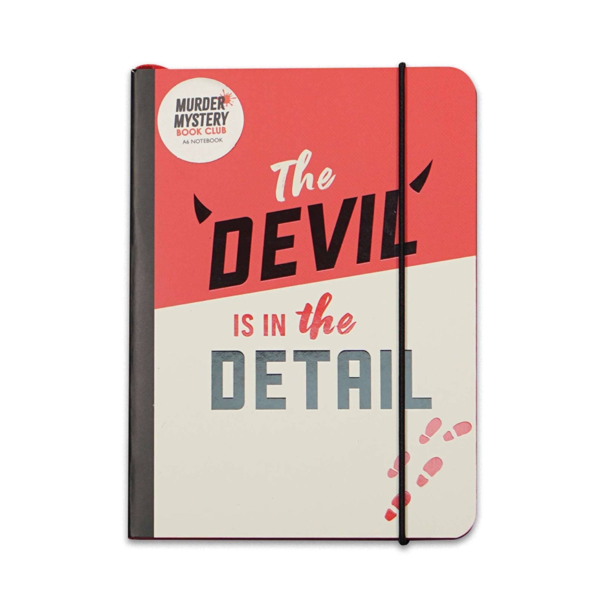 Red A6 softcover notebook reading The Devil Is In The Detail with elastic closure