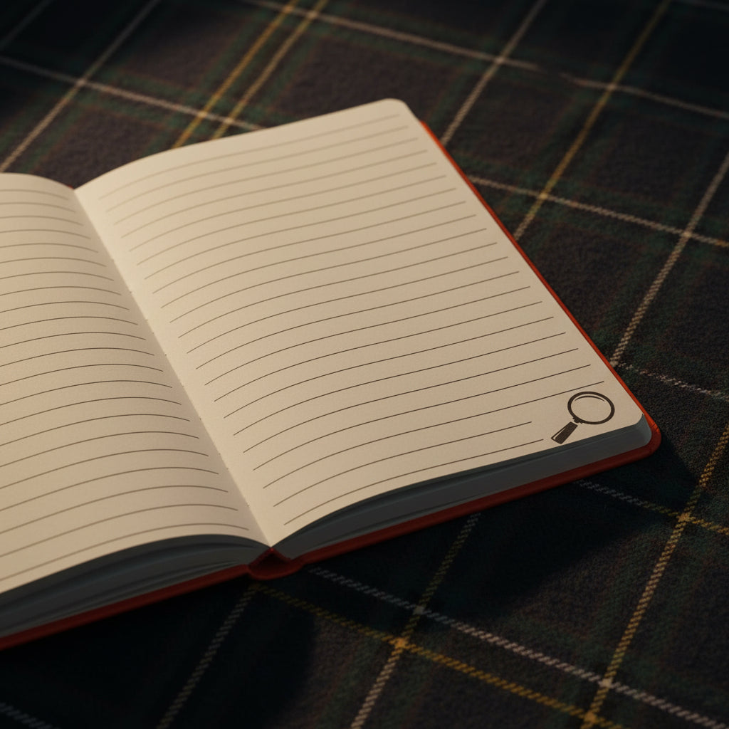 Inside the A6 notebook showing lined pages and a magnifier motif