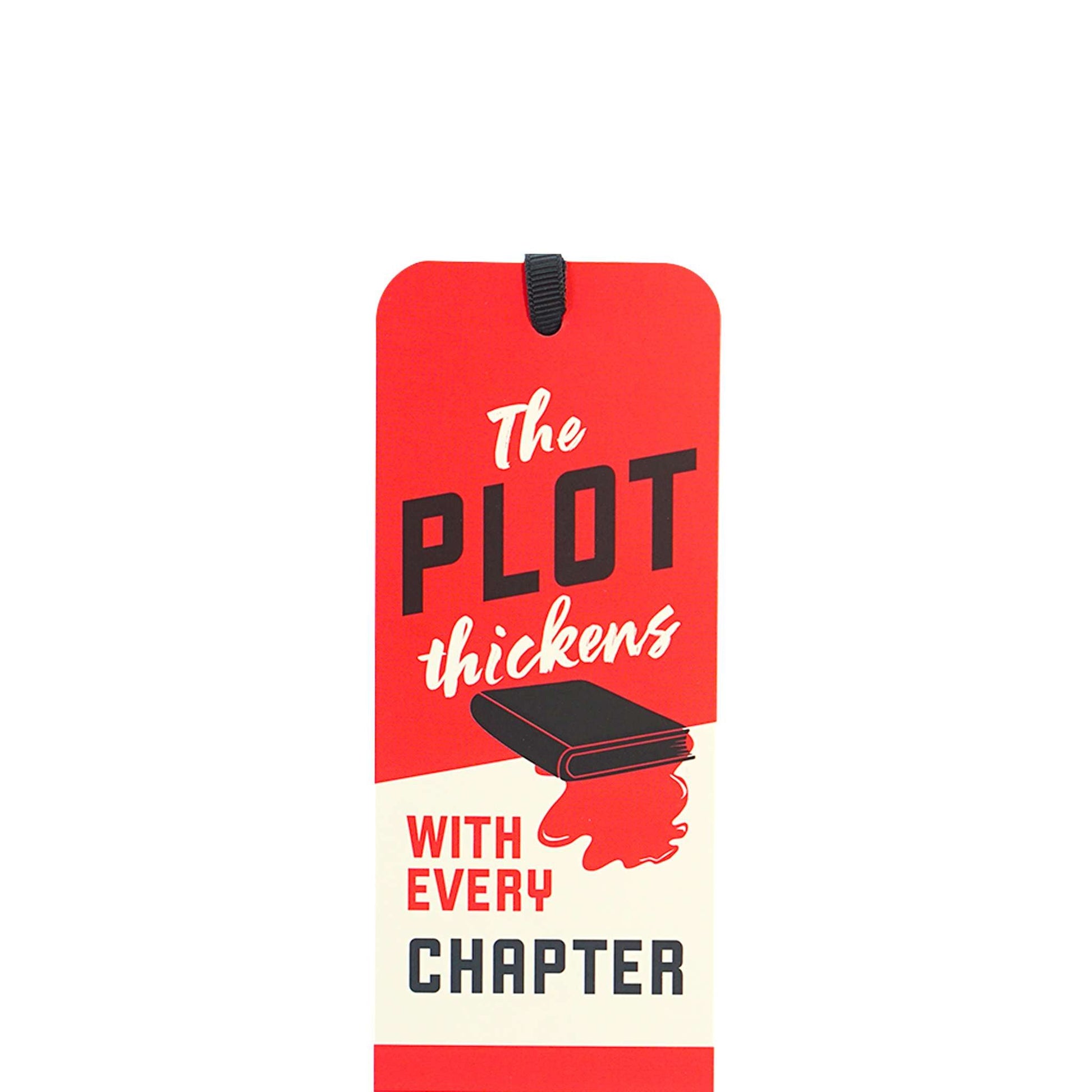 The Plot Thickens bookmark shown flat without its tassel