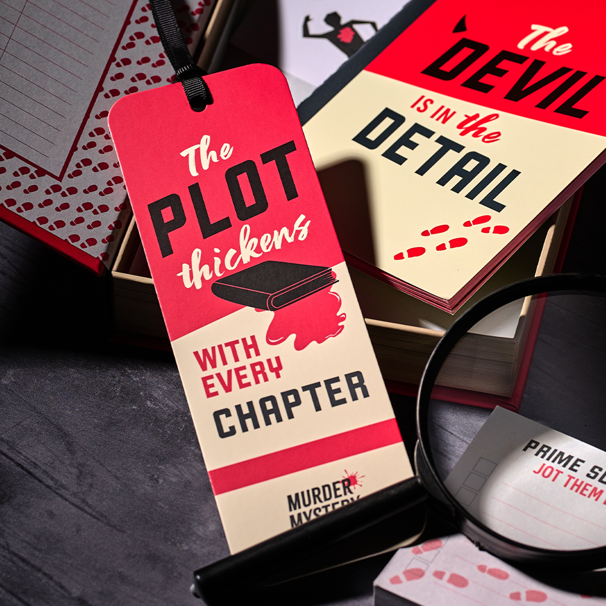 Bookmark styled beside a magnifying glass and crime scene notes