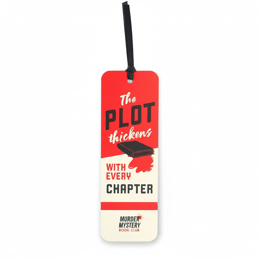 Red card bookmark reading The Plot Thickens With Every Chapter with a cord tassel