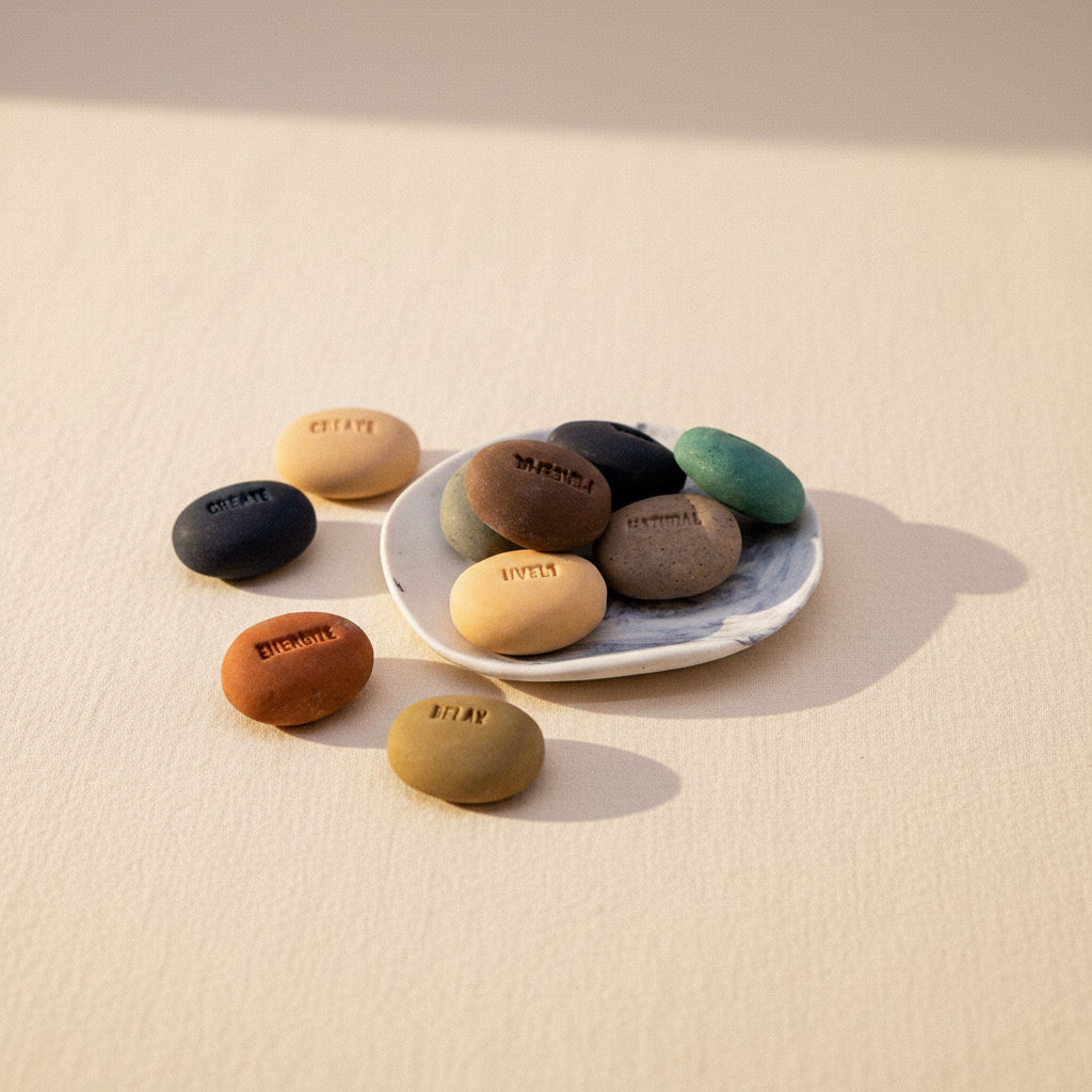 Coloured soap pebbles stamped with words, resting in a marble porcelain dish