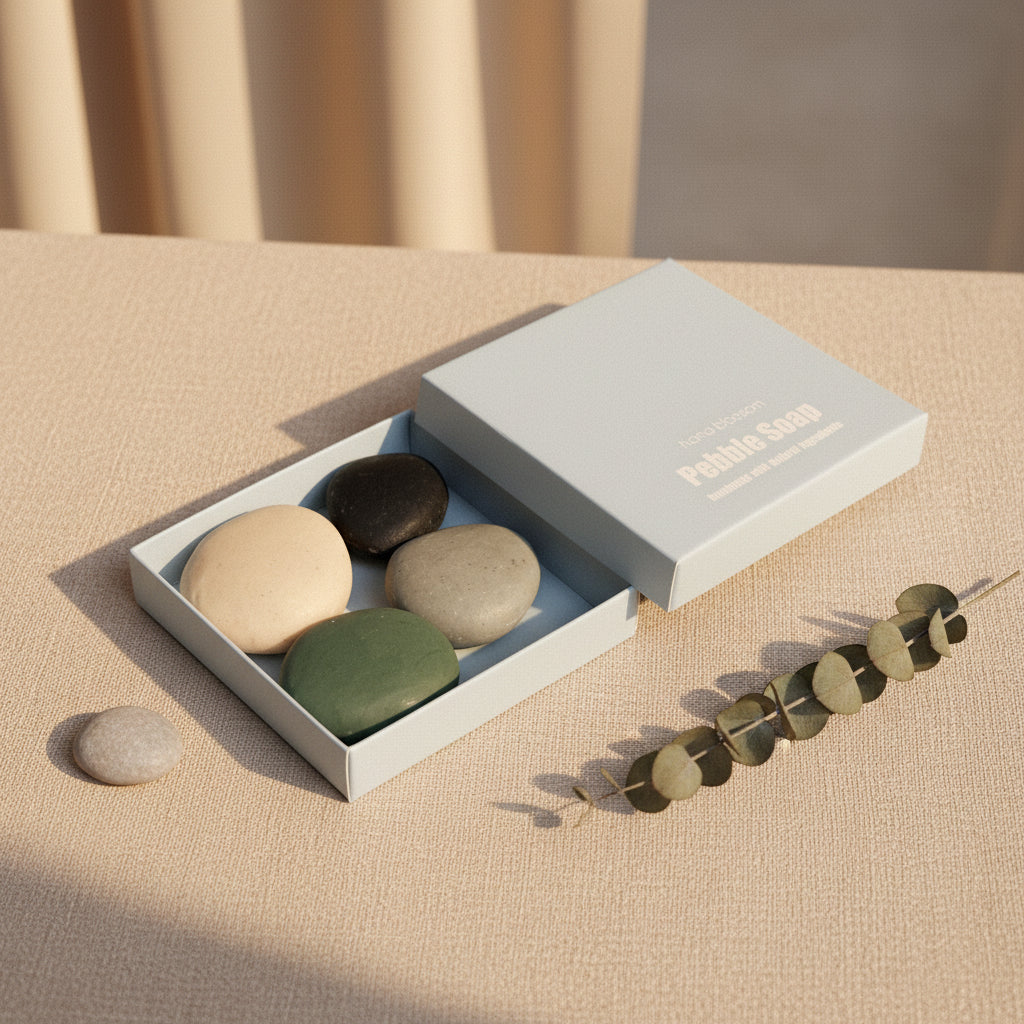 Four pebble soaps in cream, charcoal, grey and green in a pale blue gift box