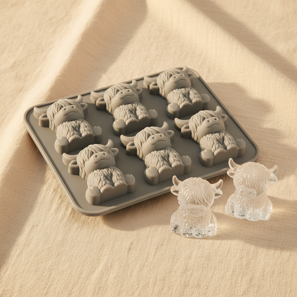 Highland cow silicone ice cube mould with cow-shaped ice cubes, second view