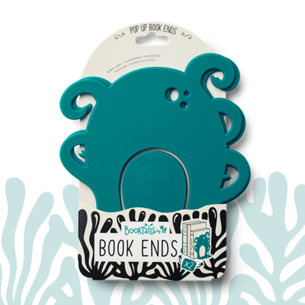 Pair of octopus pop-up bookends in deep teal shown in their packaging