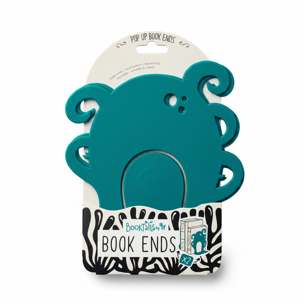 Octopus BookTails bookends folded flat on their printed backing card