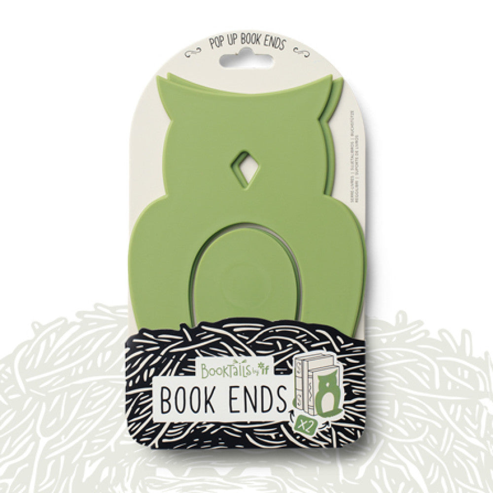 Pair of owl pop-up bookends in sage green shown in their packaging