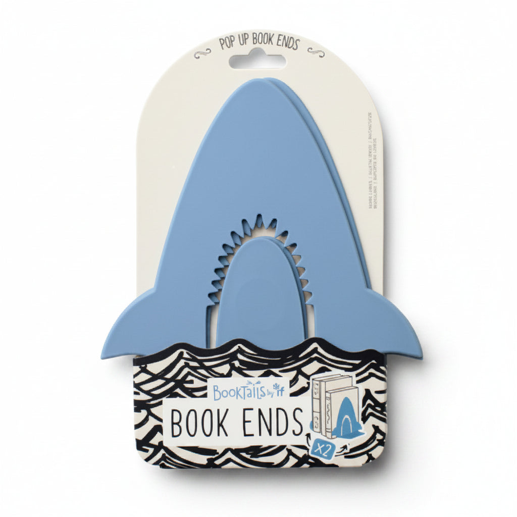 Shark BookTails bookends folded flat on their printed backing card