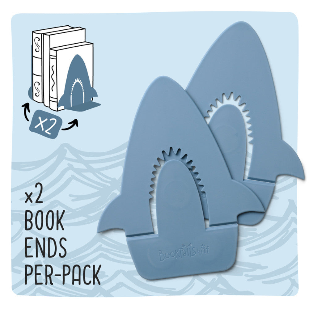 Blue shark bookends graphic showing two bookends included per pack