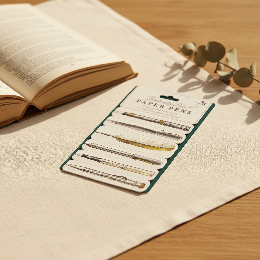 Pack of paper pens with decorative designs on a white card against a green background