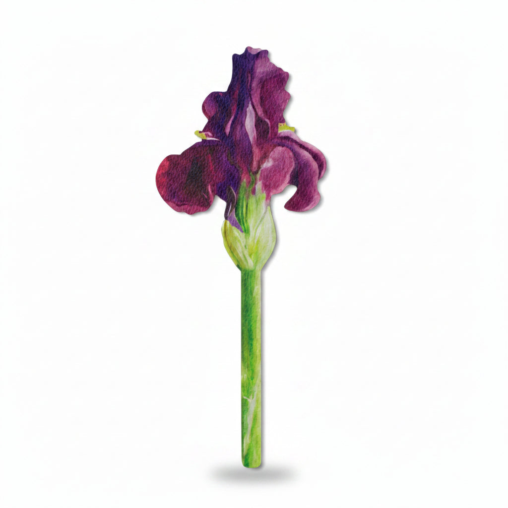Purple iris bookmark front view and close-up on white background