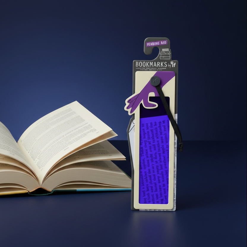 Purple tinted overlay bookmark laid across a page of book text