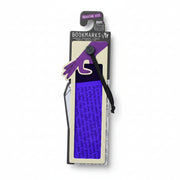 Purple reading aid bookmark and its packaging shown on an open book