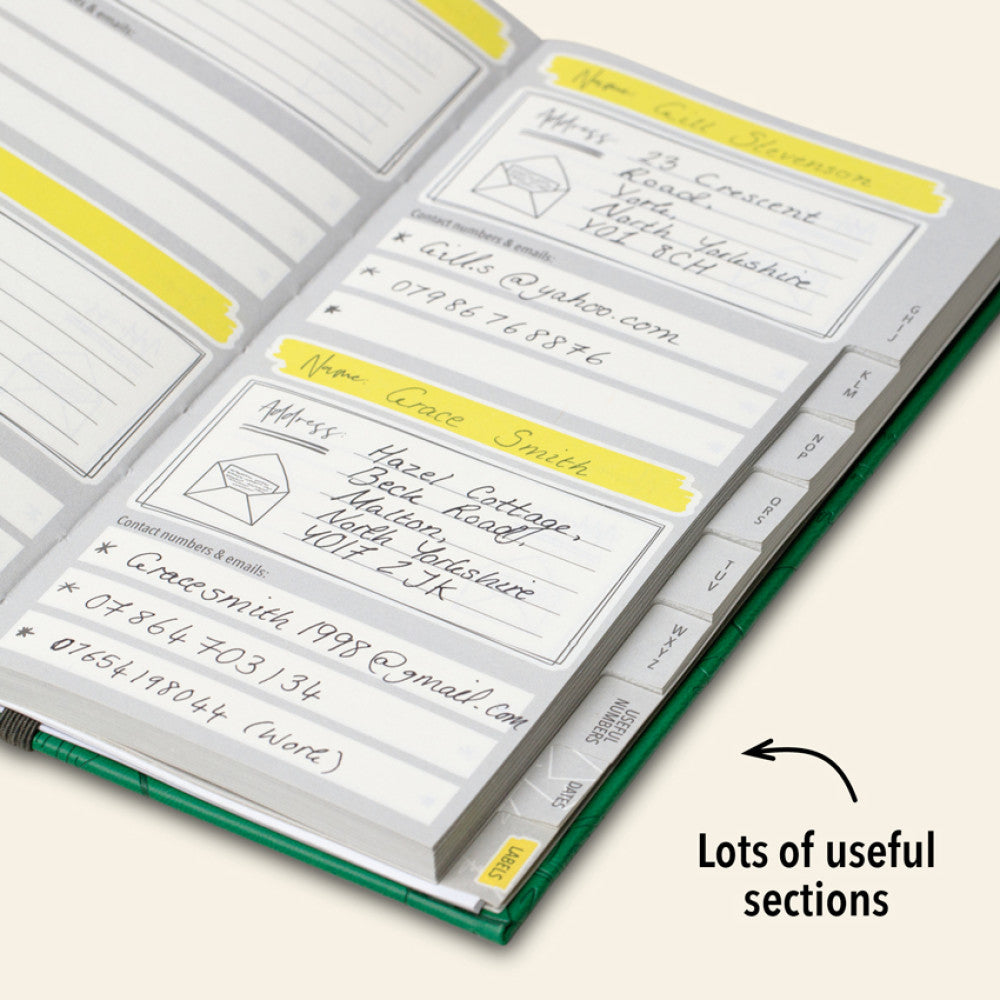 Address book open showing entry pages and its useful extra sections