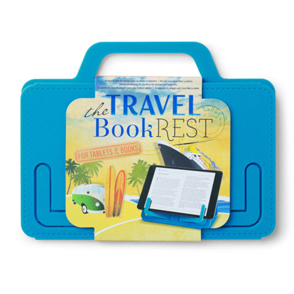 Blue Travel Book Rest in its printed travel-illustrated packaging card